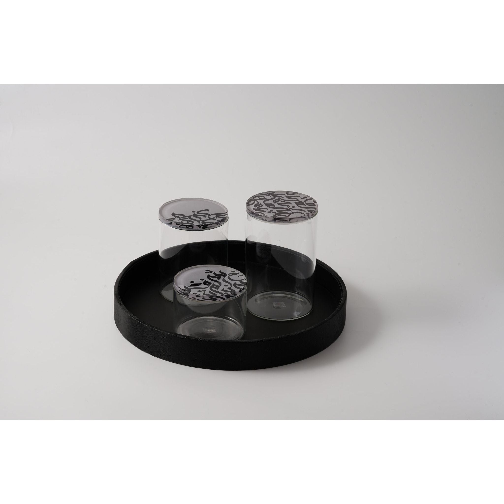 Arabic Calligraphy Embellished Black Serving Tray with clear storage Jars