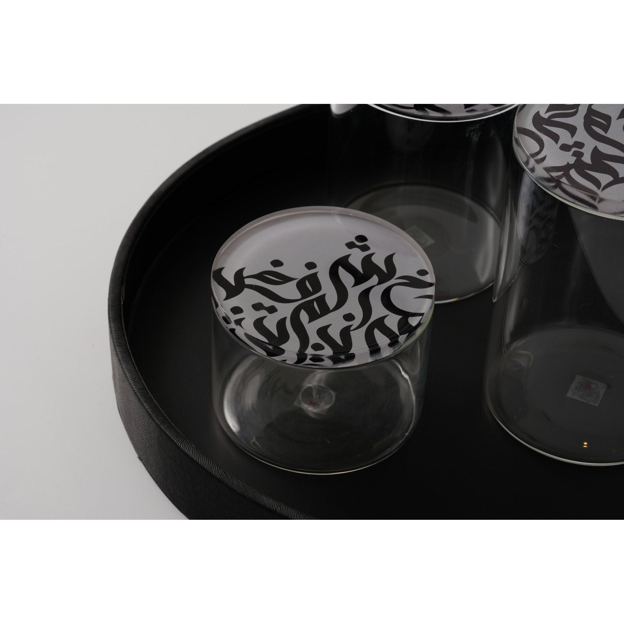 Arabic Calligraphy Embellished Black Serving Tray with clear storage Jars