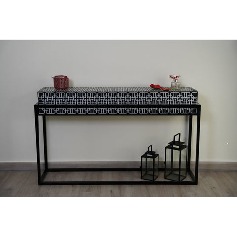 Arabic console table with black and white floral pattern, made in the UAE by MASHQ