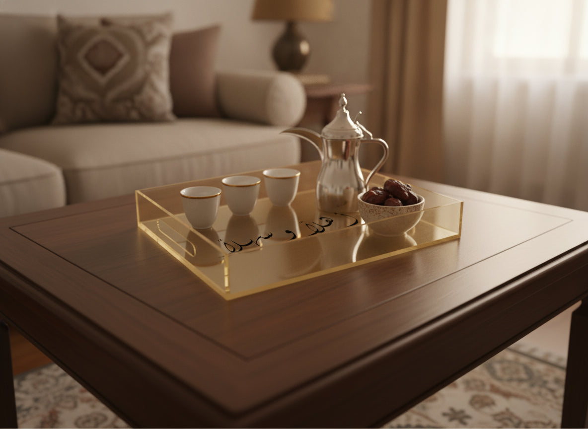 «أهلاً وسهلاً» tray in use with Arabic coffee and dates