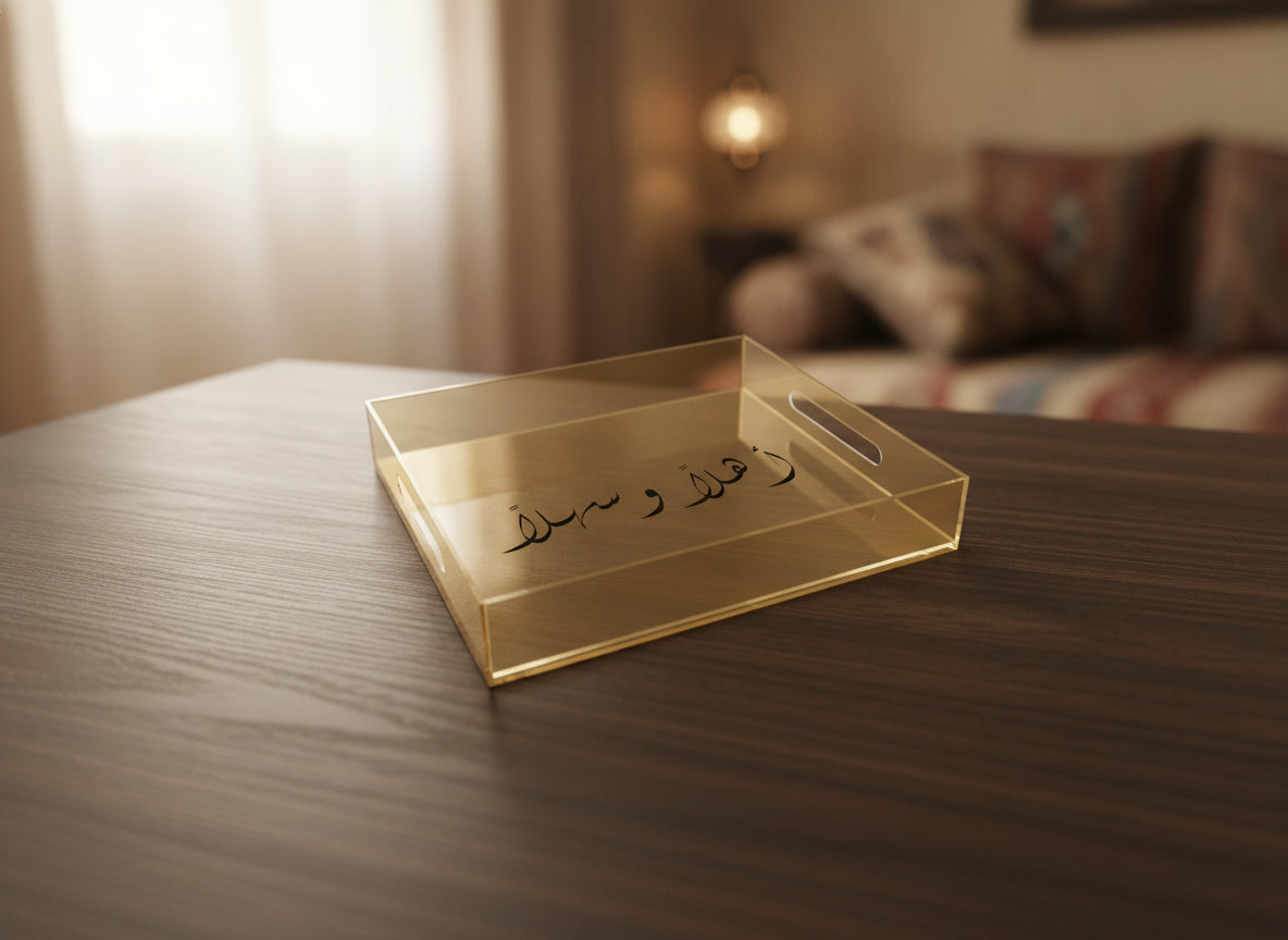 «أهلاً وسهلاً» golden acrylic serving tray on a table