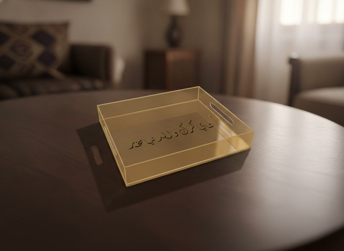 «شاي كرك والدنيا بخير» Diwani calligraphy serving tray, gold acrylic, on a coffee table