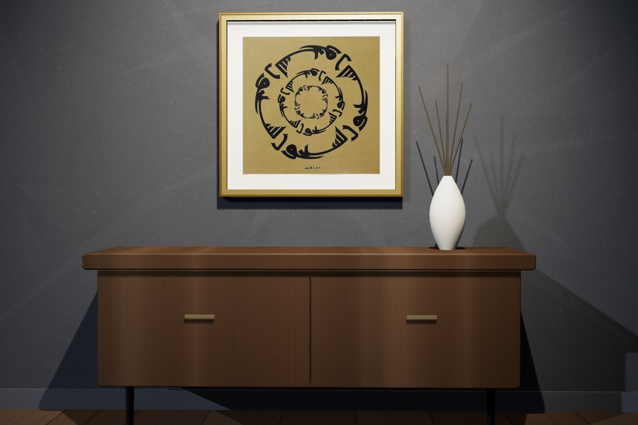 «يسبحون» by Rasha Kasim, 59 × 59 cm, shown to scale in a gold-leaf frame in a loft — framing available on request