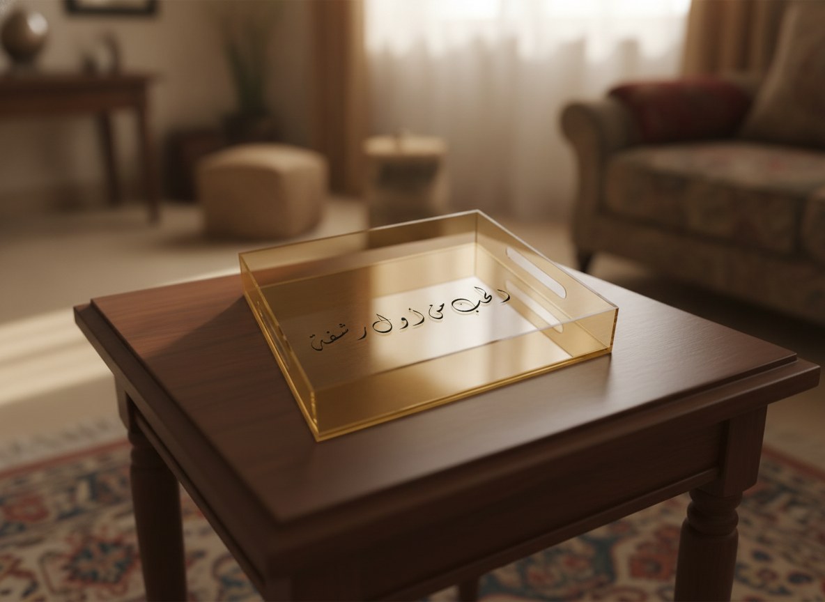 «الحبّ من أول رشفة» Diwani calligraphy serving tray, gold acrylic, on a coffee table