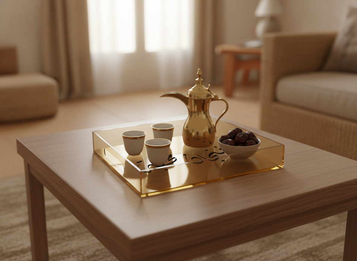 «فنجان محبة» tray in use with Arabic coffee and dates