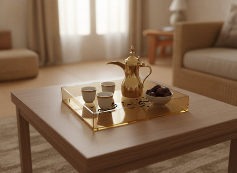 «فنجان محبة» tray in use with Arabic coffee and dates