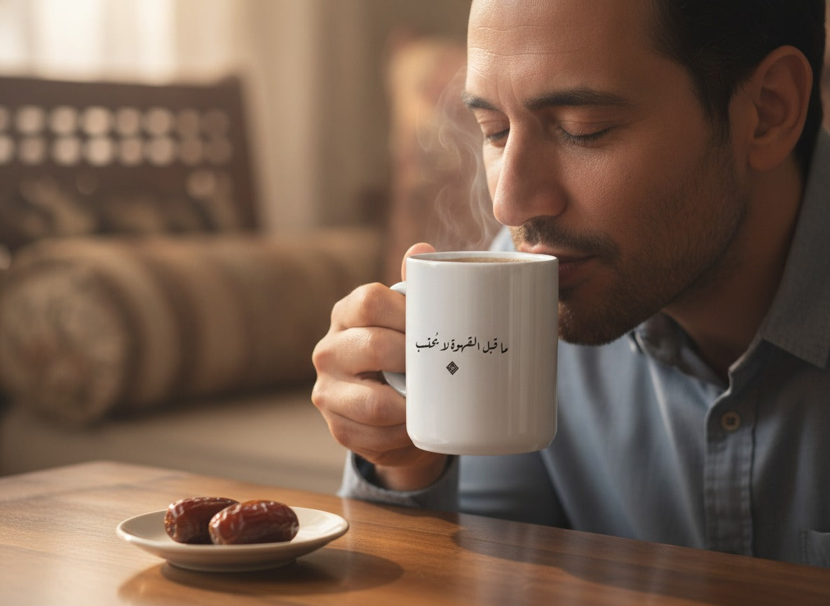 «ما قبل القهوة لا يُحتسب» calligraphy mug in hand, mid-sip
