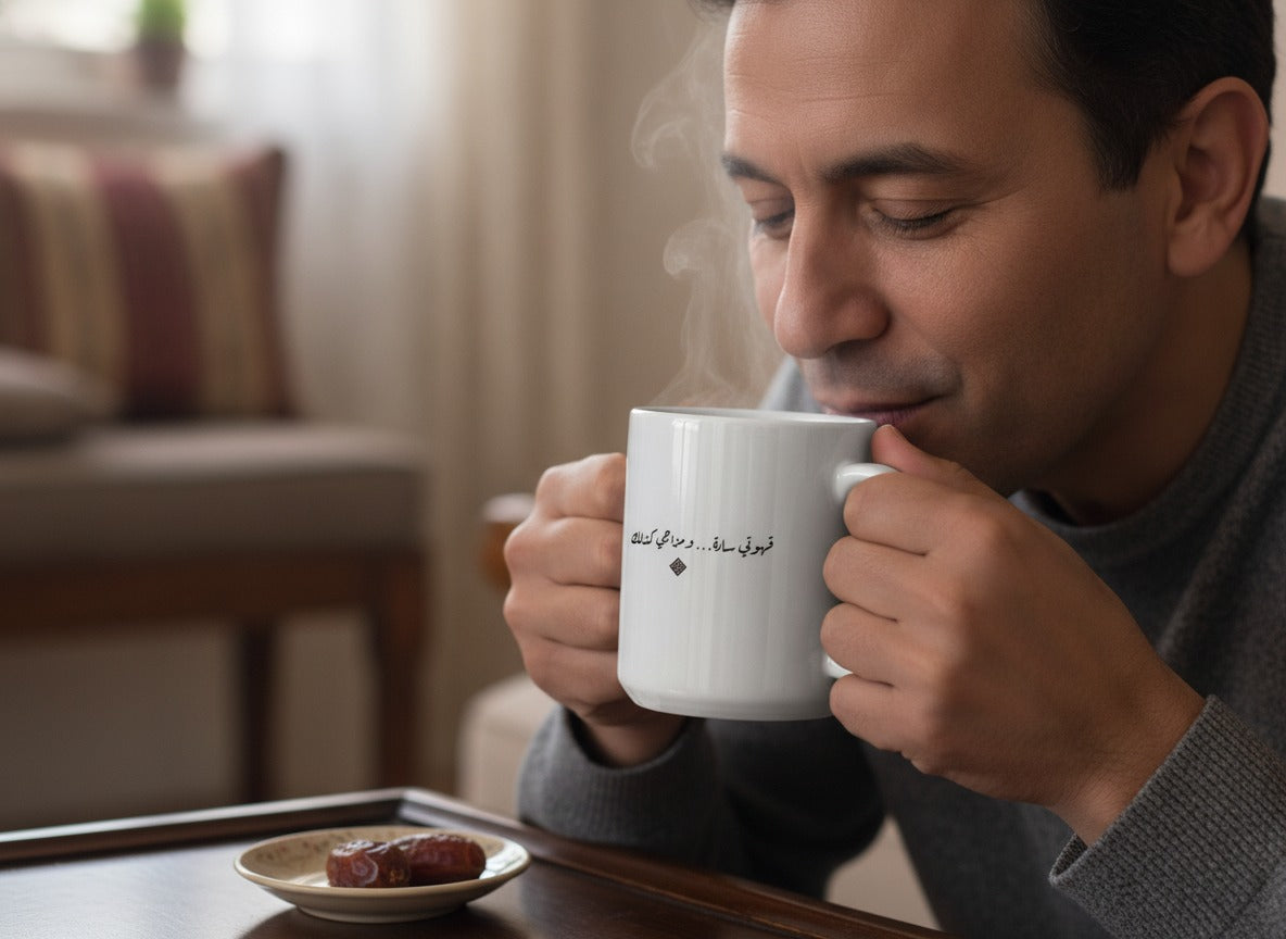 «قهوتي سادة… ومزاجي كذلك» calligraphy mug in hand, mid-sip