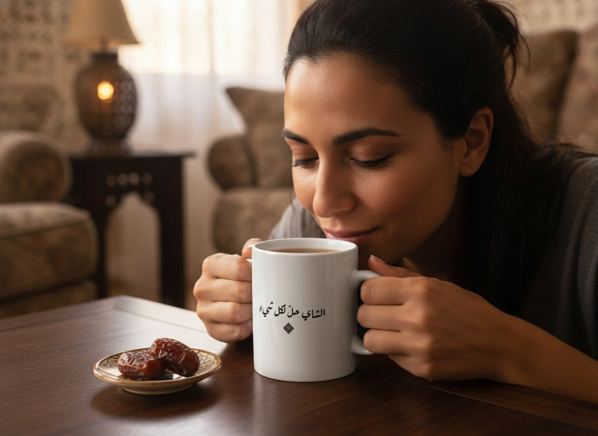 «الشاي حلّ لكل شيء» calligraphy mug in hand, mid-sip