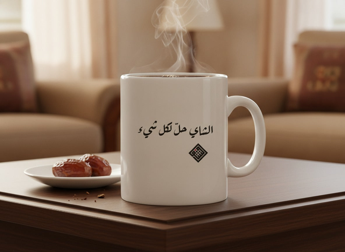 «الشاي حلّ لكل شيء» calligraphy mug, filled, on a coffee table