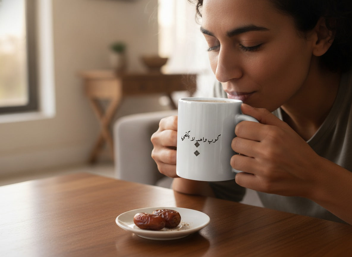 «كوب واحد لا يكفي» calligraphy mug in hand, mid-sip