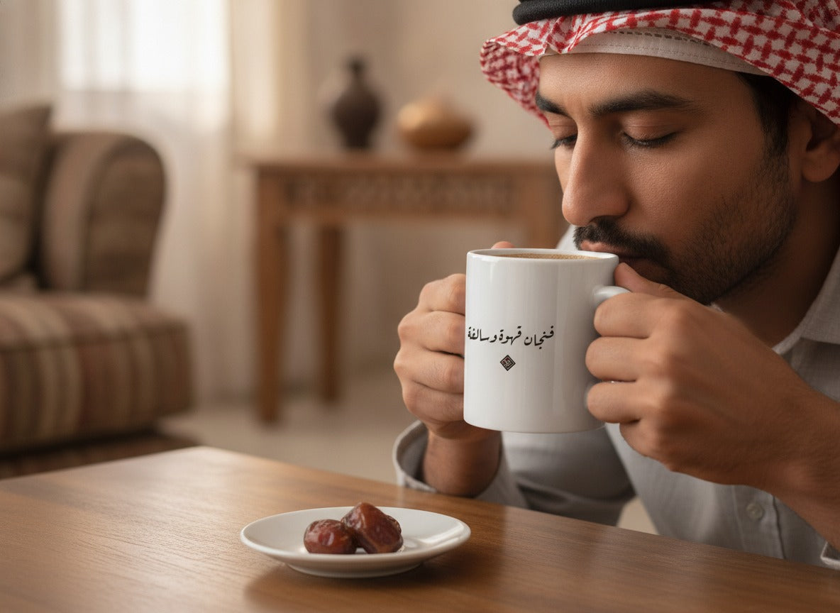 «فنجان قهوة وسالفة» calligraphy mug in hand, mid-sip