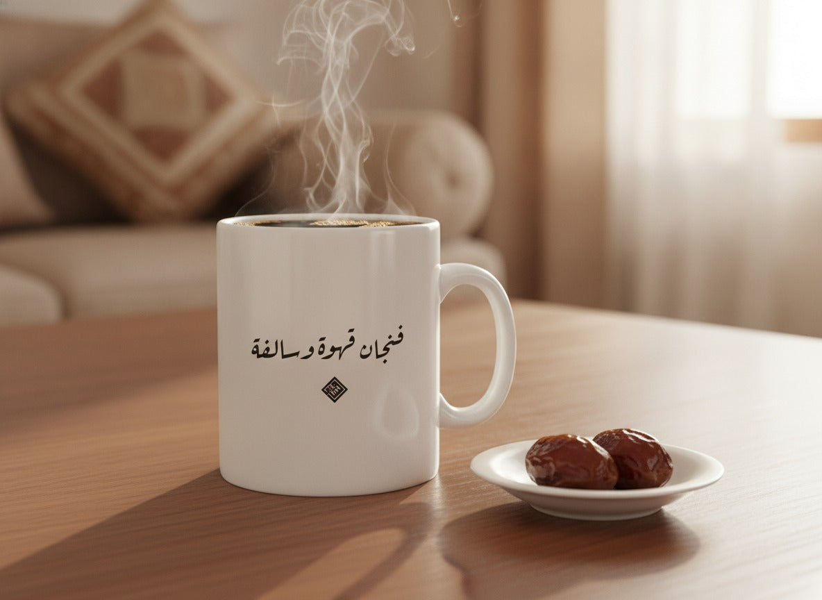 «فنجان قهوة وسالفة» calligraphy mug, filled, on a coffee table