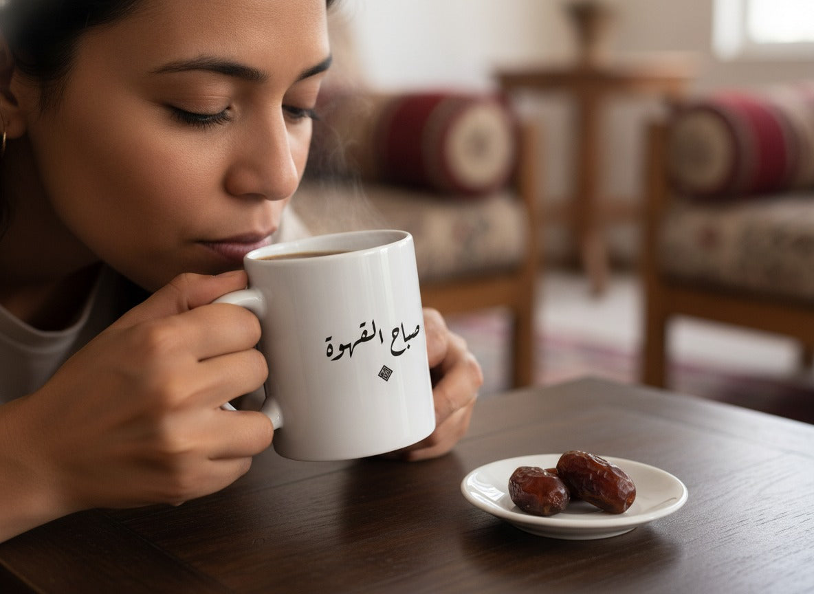 «صباح القهوة» calligraphy mug in hand, mid-sip