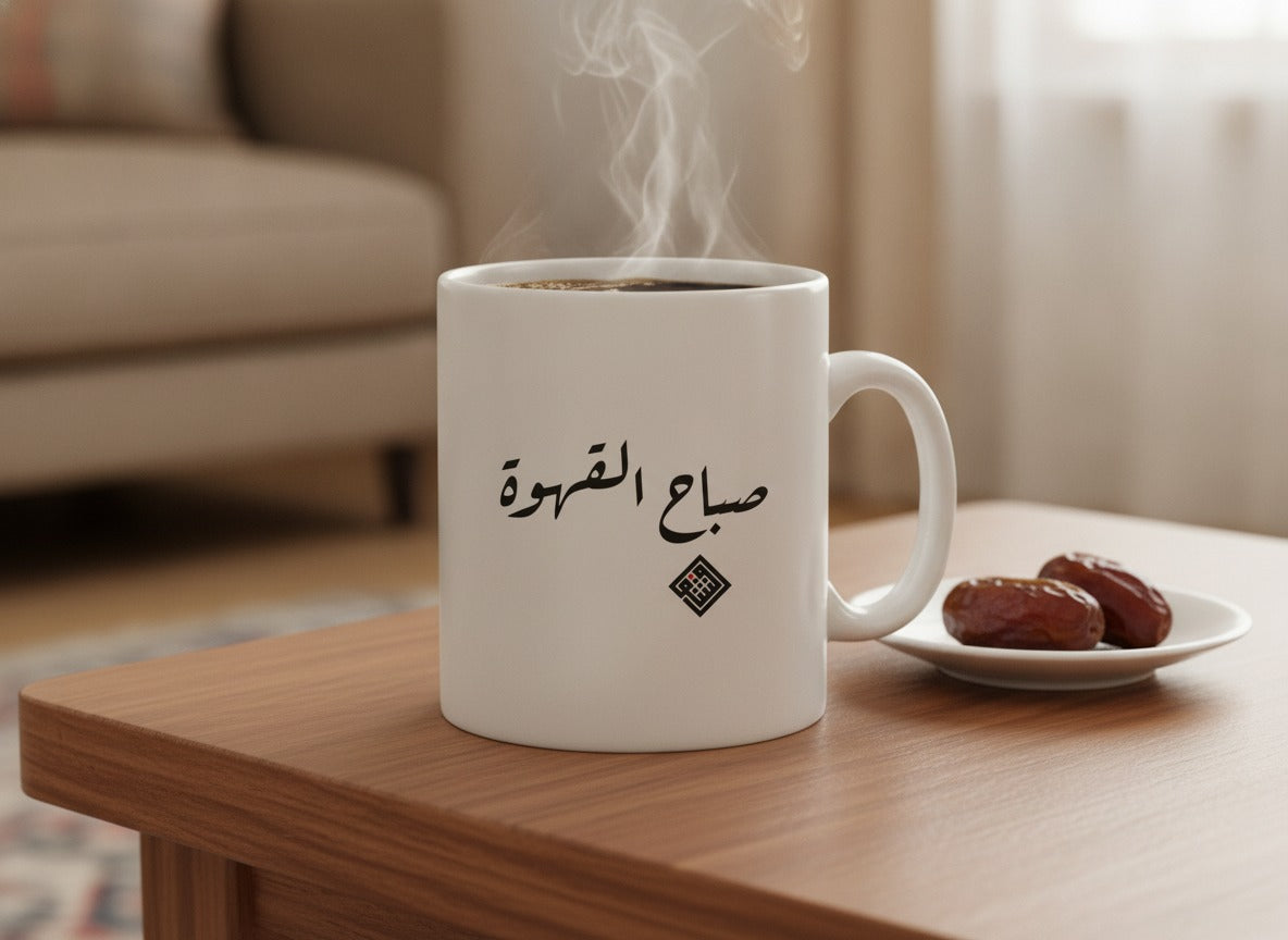 «صباح القهوة» calligraphy mug, filled, on a coffee table