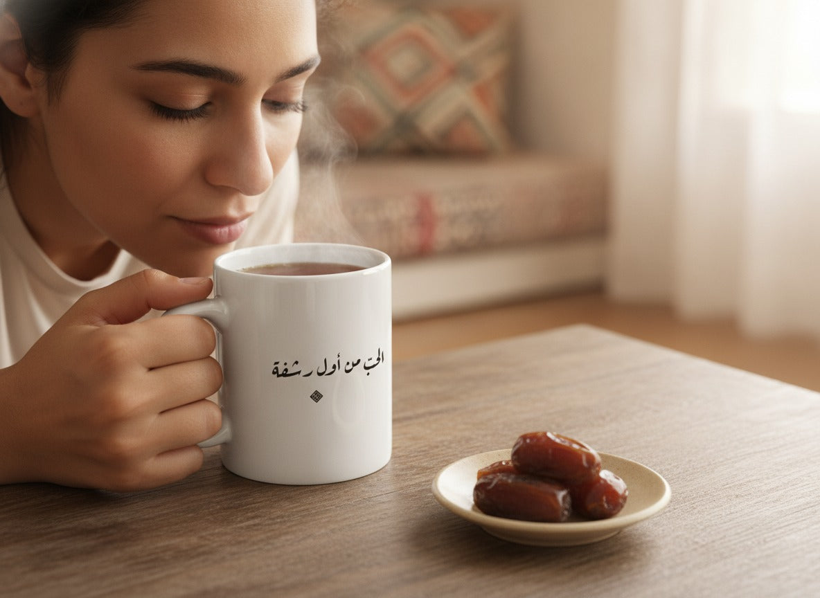 «الحبّ من أول رشفة» calligraphy mug in hand, mid-sip