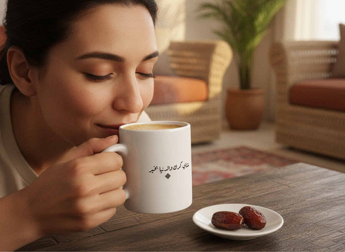 «شاي كرك والدنيا بخير» calligraphy mug in hand, mid-sip