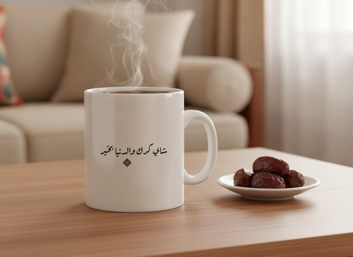 «شاي كرك والدنيا بخير» calligraphy mug, filled, on a coffee table