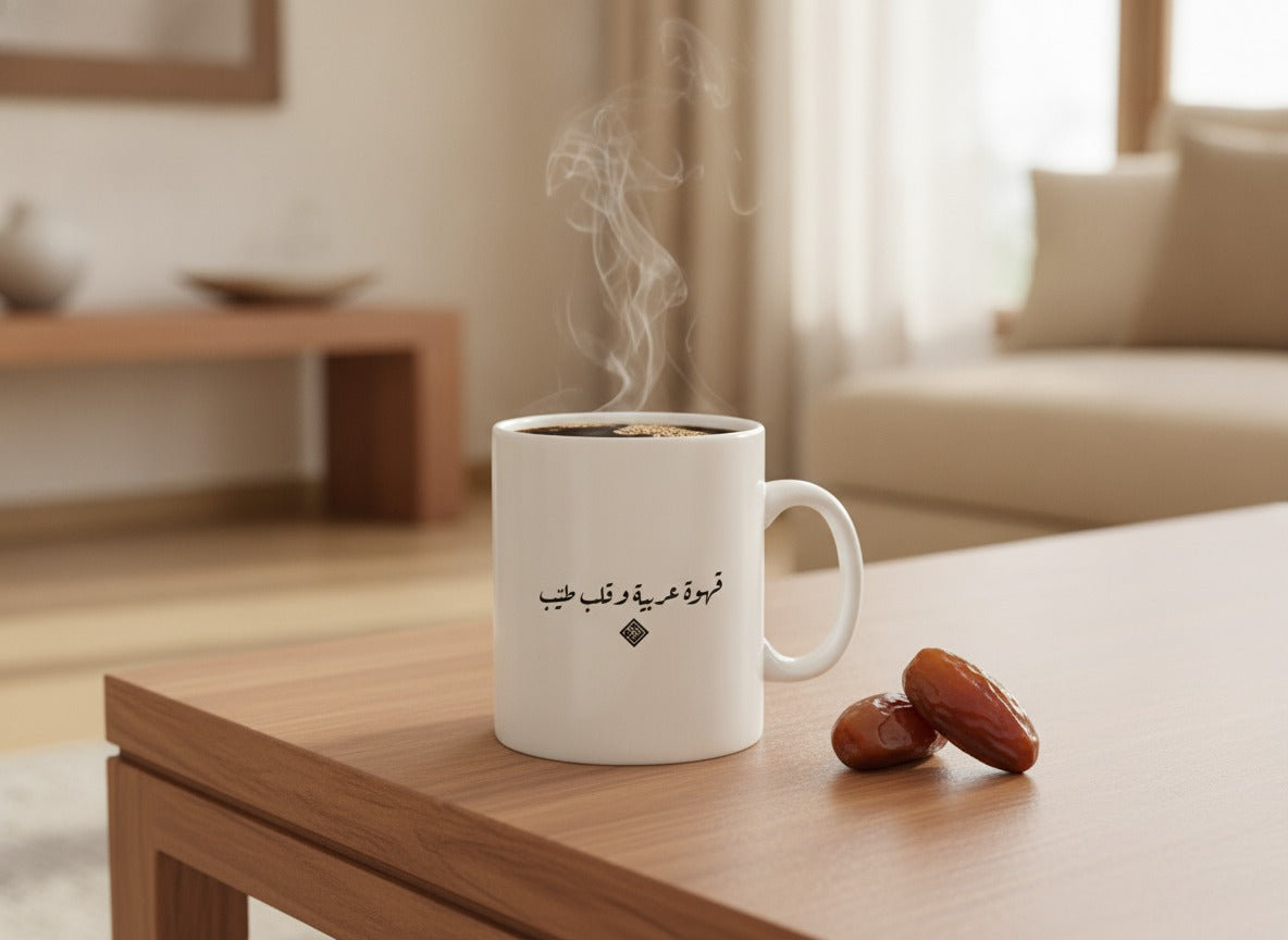 «قهوة عربية وقلب طيّب» calligraphy mug, filled, on a coffee table