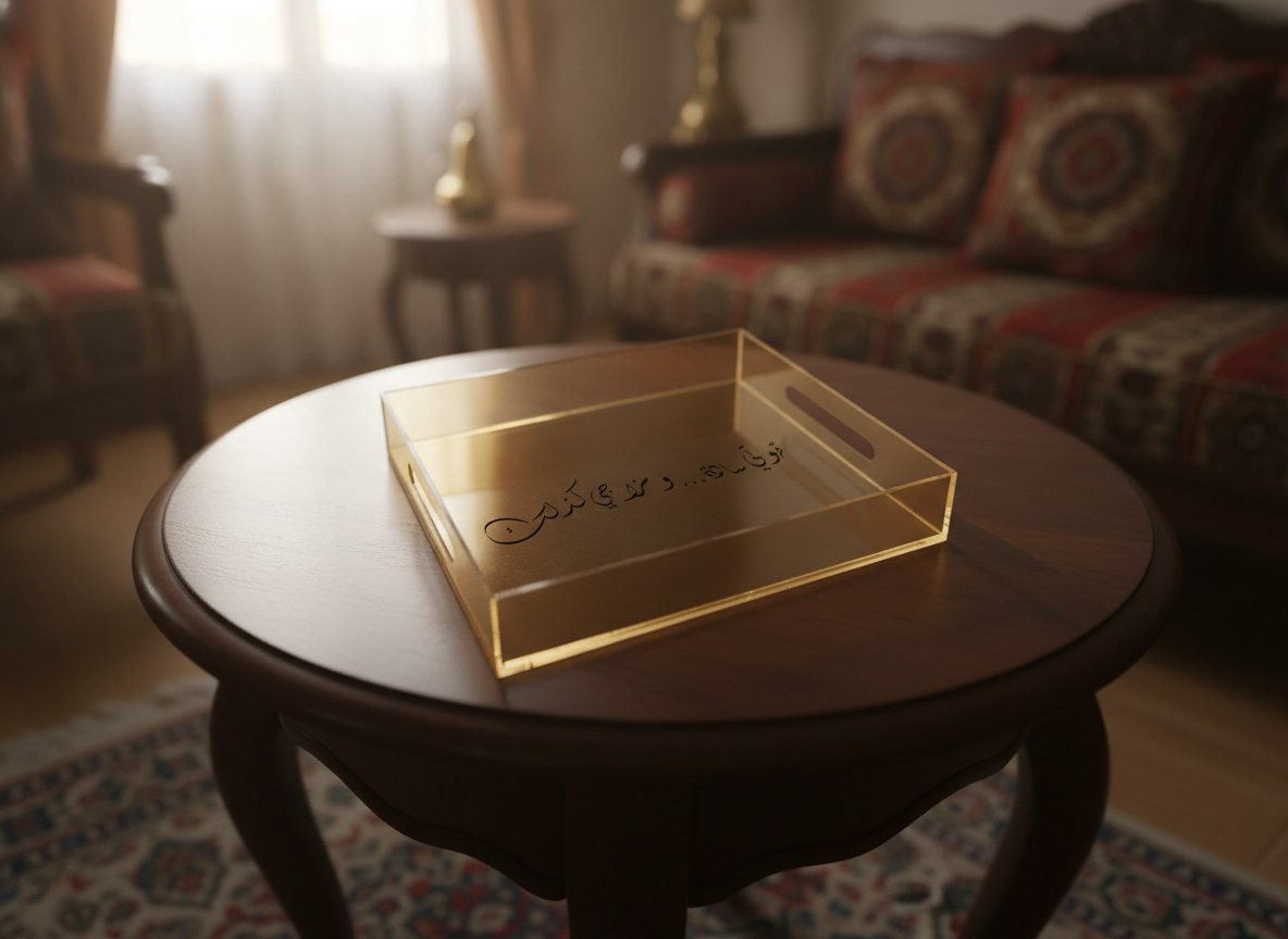 «قهوتي سادة… ومزاجي كذلك» Diwani calligraphy serving tray, gold acrylic, on a coffee table