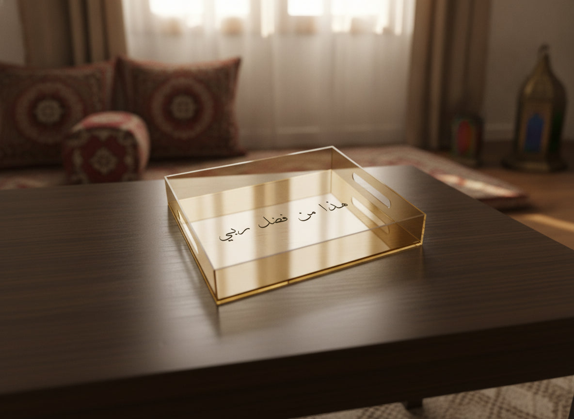 «هذا من فضل ربي» golden acrylic serving tray on a table