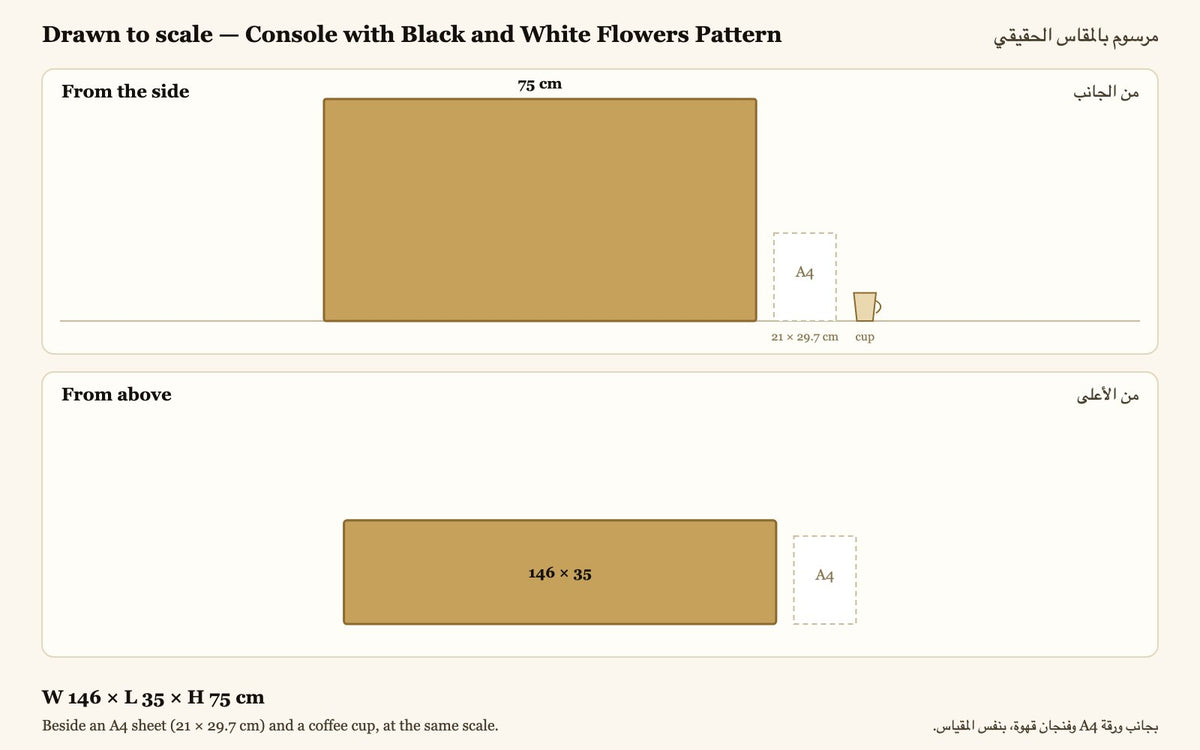 Drawn to scale — W 146 × L 35 × H 75 cm, beside an A4 sheet and a coffee cup
