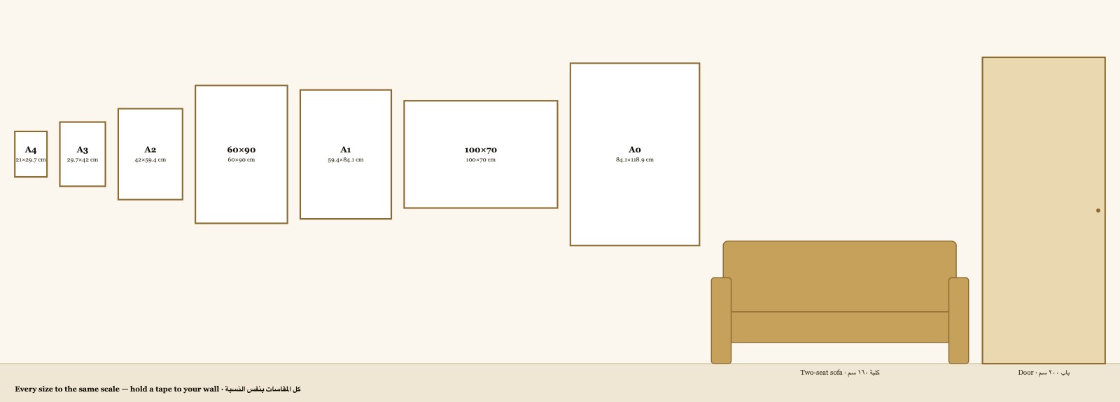 Size guide — every paint size to the same scale beside a two-seat sofa and a door · دليل المقاسات بنفس النسبة بجانب كنبة وباب